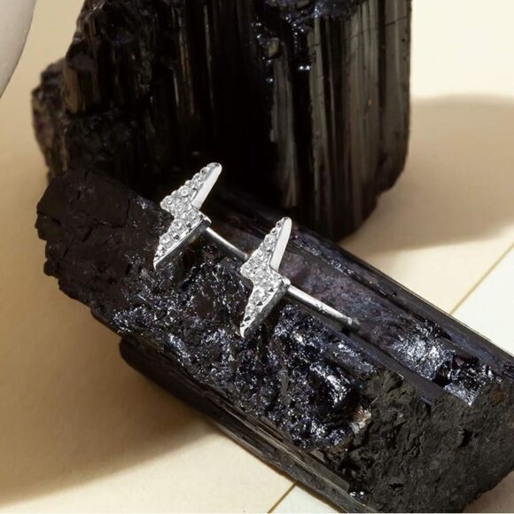 New CZ Rose Gold over 925 Sterling Silver Lighting Bolt Stud Earrings - Picture 5 of 11